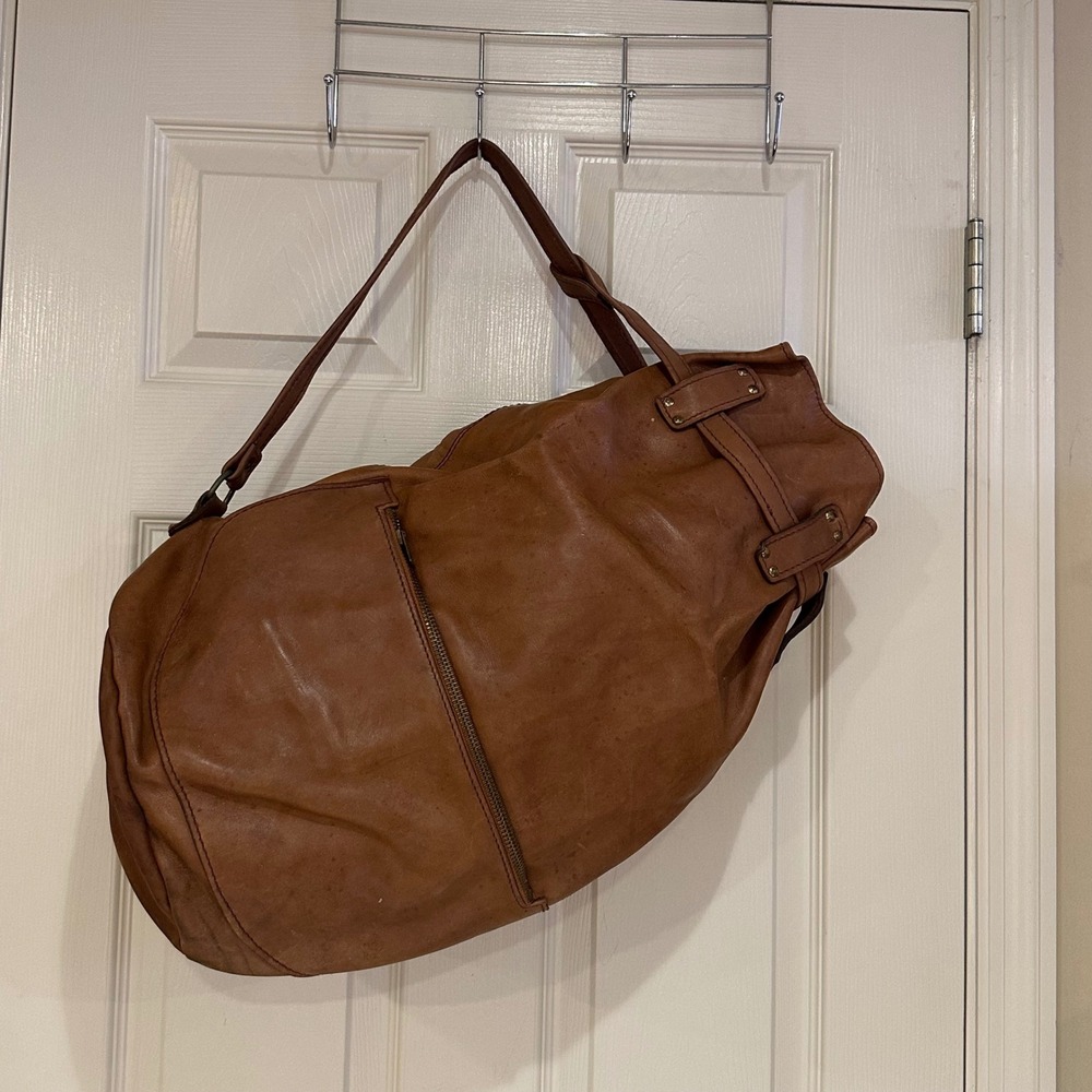 Vintage Cognac Leather Oversized Duffel Bag Made in Poland Weekend Travel Tote
